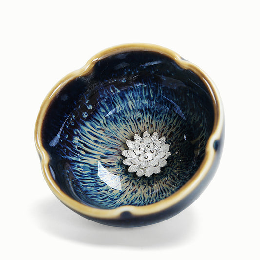 Silver Lotus Inlay Ceramic Tea Cup